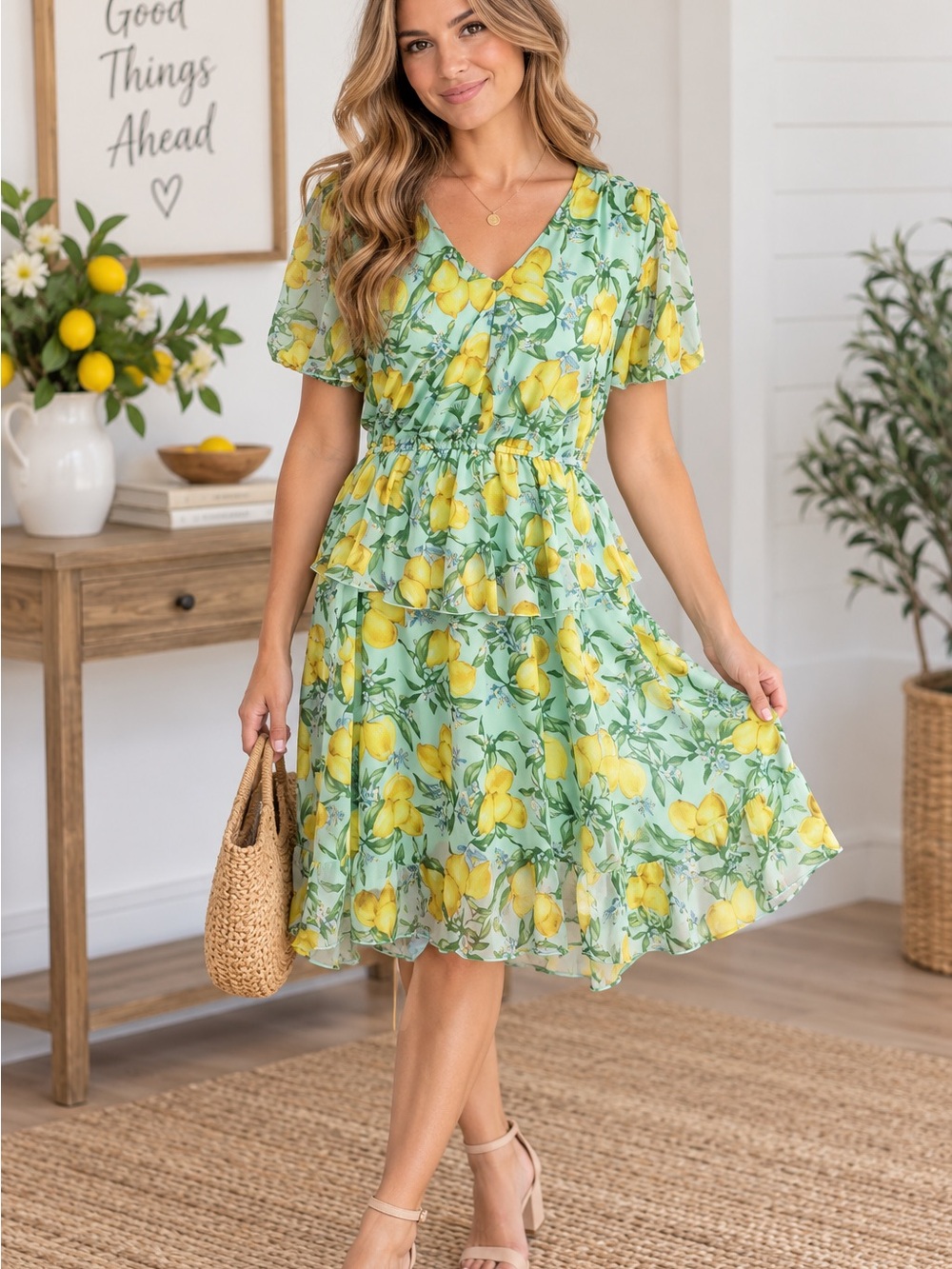 Stella & Julie Dress Green Lemon Print V-Neck Short Sleeve Tiered Womens Size 8